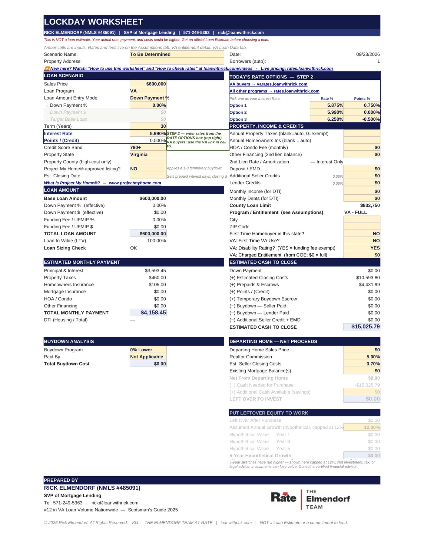 Purchase Worksheet — loan scenario, monthly payment, and cash to close